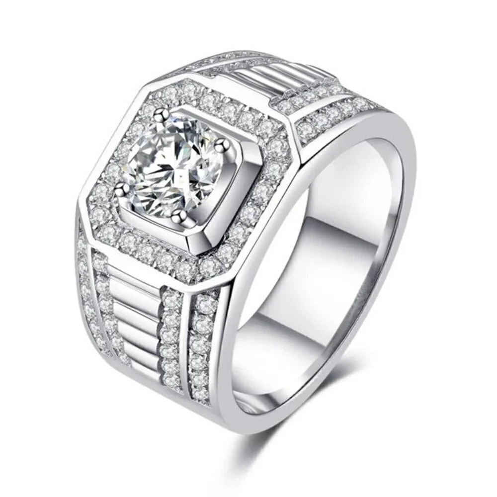 💎Fever Square Glitter Zircon Silver Chunky Wedding Rings for Man, PD663